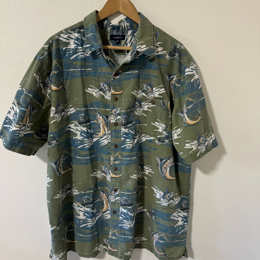 Croft & Barrow Swordfish Fishing Short Sleeve Camp Shirt Olive Green-XXL